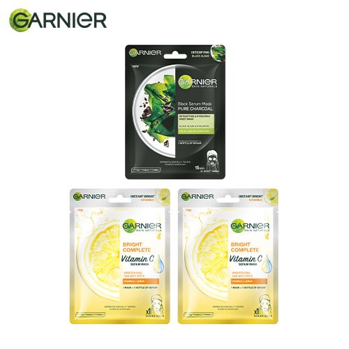 Garnier Sheet Mask Combo Pack of 3 - 2 Bright Complete + 1 Charcoal